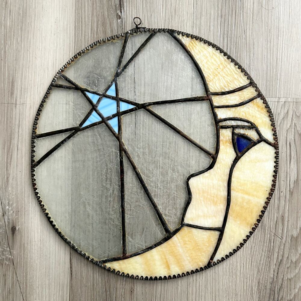 Vintage MAN IN THE MOON Stained Glass Hand Crafted Round Sun Catcher 12” EUC